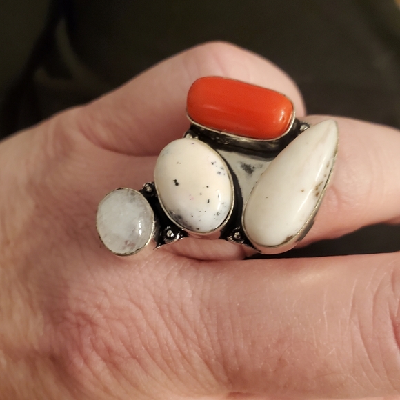 New Dendritic Opal, Coral, Rainbow Moonstone 925 Silver Statement Ring. - Picture 10 of 14